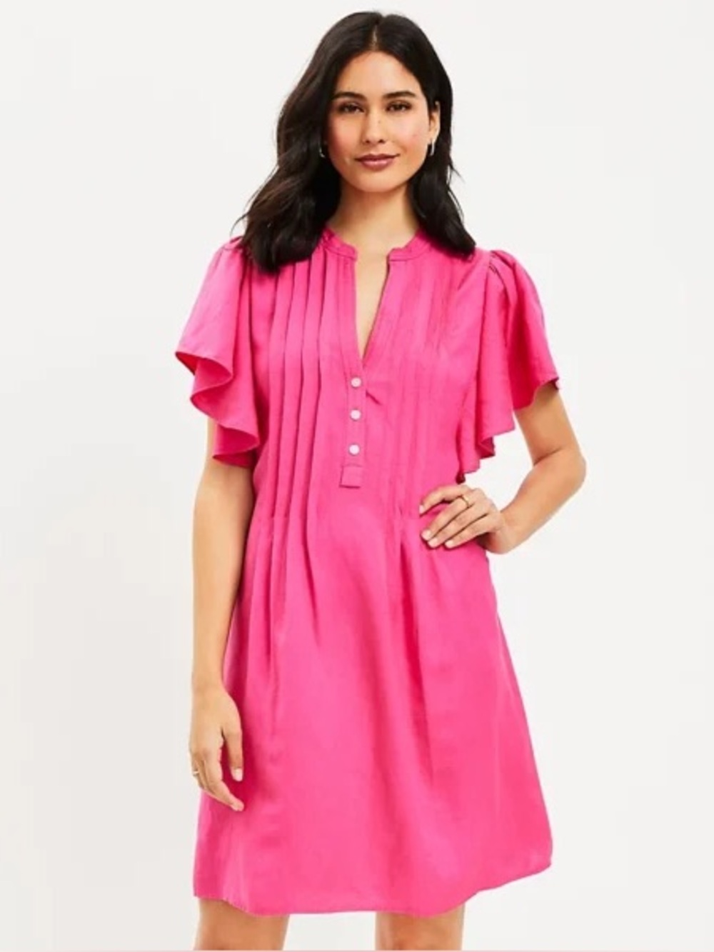 LOFT Petite Hot Pink Linen Blend Flutter Sleeve Shift Dress Pleated Front - Picture 1 of 11